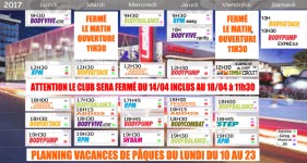 horaires du club et planning vacances de pâques